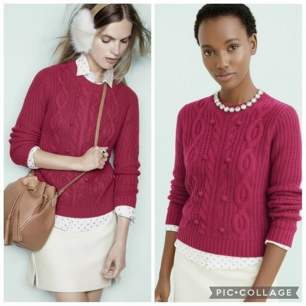 J.Crew Collection 100% Cashmere Crew Neck Pom Cable Knit Sweater Berry Pink S